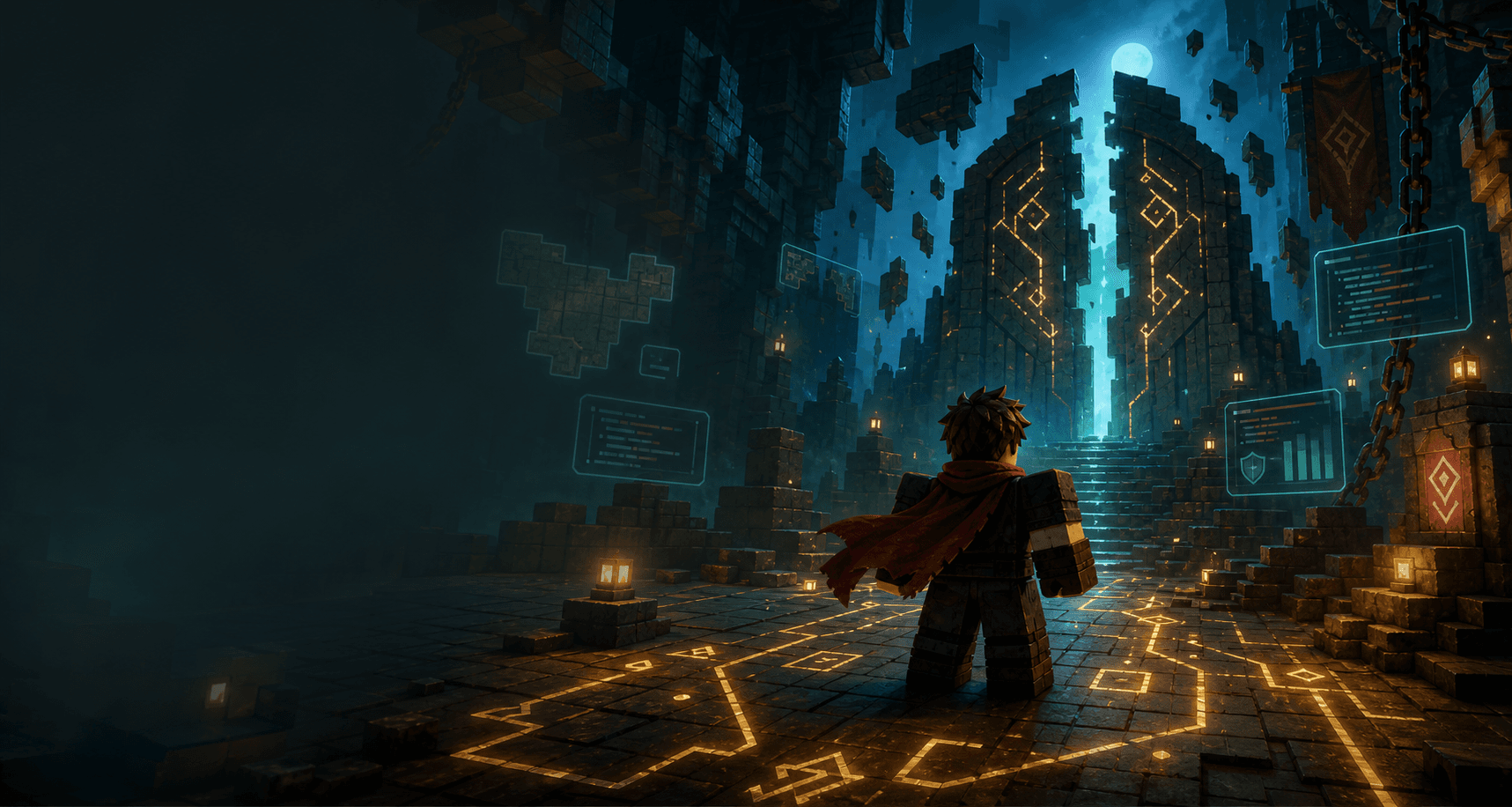 Original Roblox-style dungeon guide artwork for an unofficial Sundered Doctrine hub